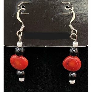 Handmade Red Coral with Black & White Glass Bead Earrings by Neanie-Bot